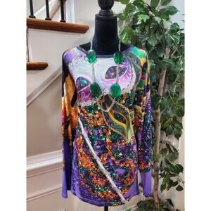 Womens Multicolor Geomatric Long Sleeve Round Neck Casual Top Blouse Size 2XL